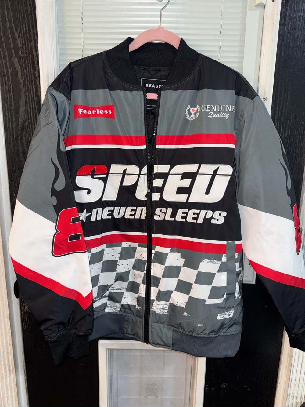 Reason Black Gray Red 'Speed Never Sleeps' Racing Bomber Jacket